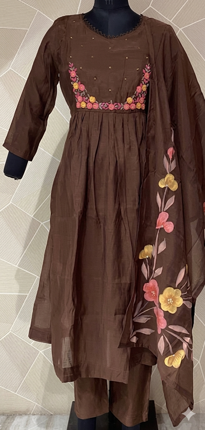 brown Mulchanderi kurta set