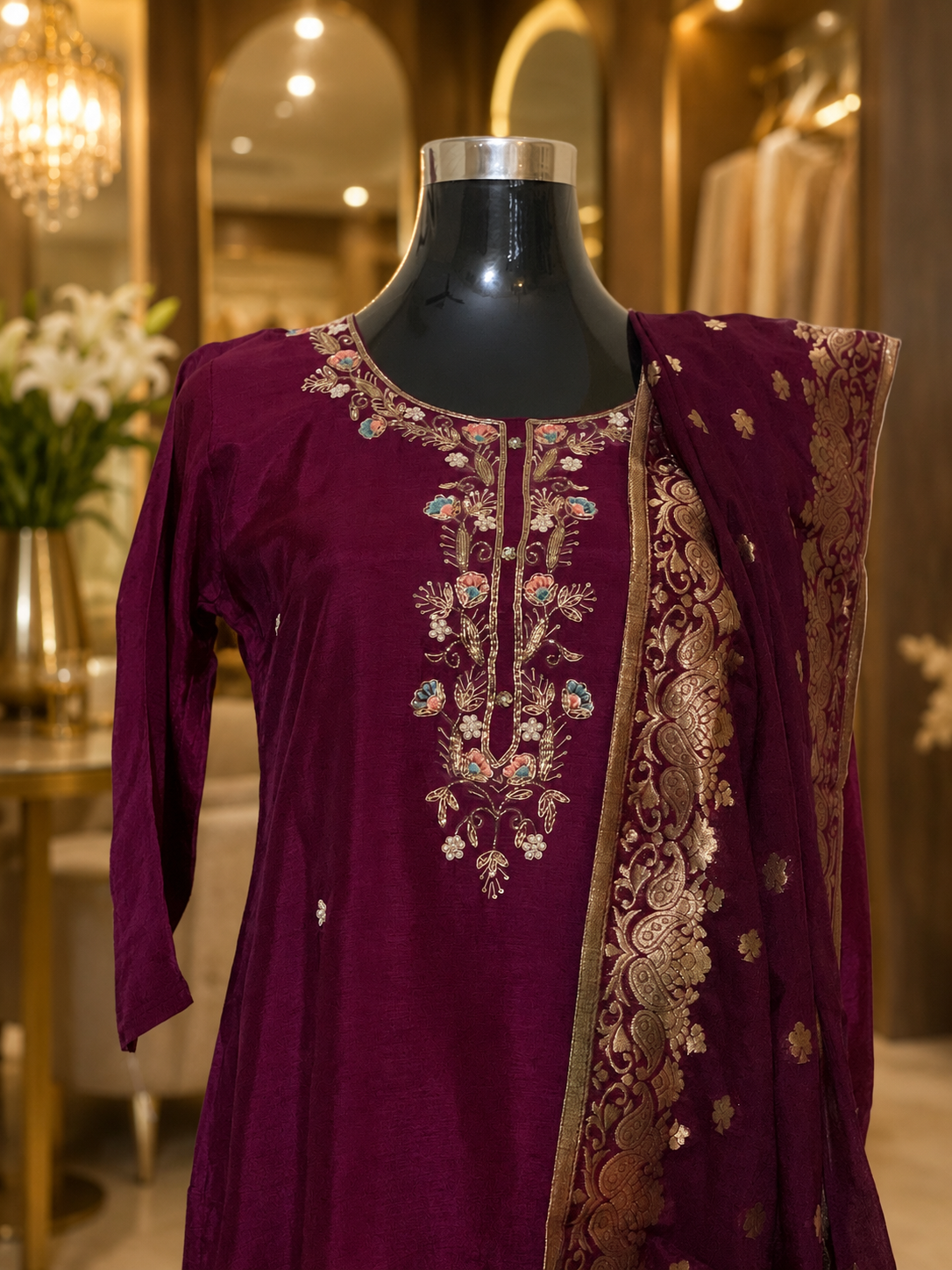 A deep purple traditional kurta set displayed on a black mannequin in a boutique. The set features intricate gold and multicolor floral embroidery on the neckline, with a matching embroidered dupatta draped over the shoulder.