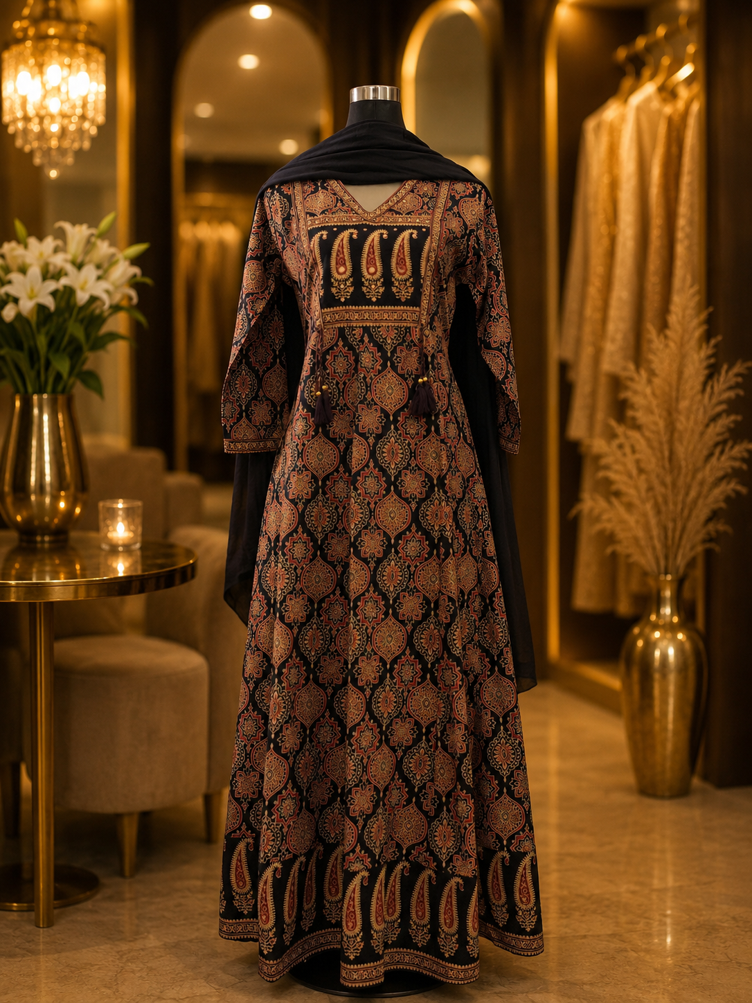 Midnight Ajrakh Anarkali Set