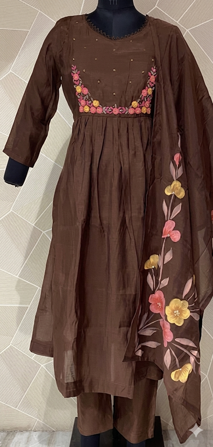 brown Mulchanderi kurta set