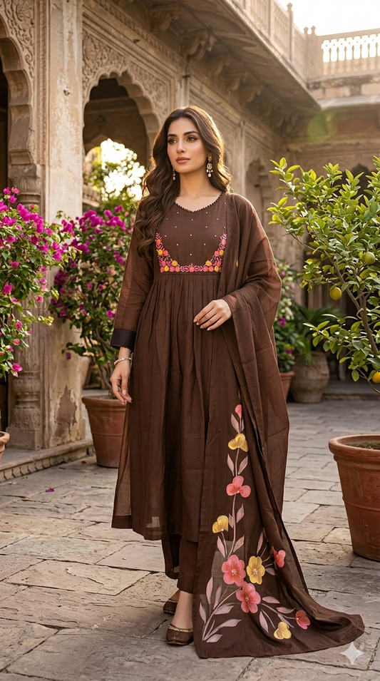 Brown Mulchanderi embroidery kurta set