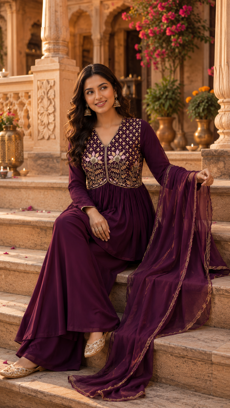 A woman models a deep purple traditional South Asian outfit with gold embroidery on the bodice, seated on stone steps in front of an ornate building with floral decorations.