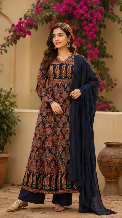 Midnight Ajrakh Anarkali Set
