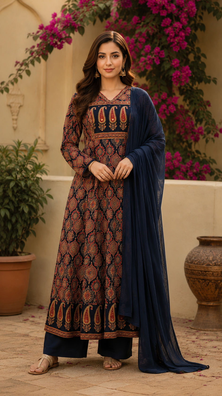 Midnight Ajrakh Anarkali Set