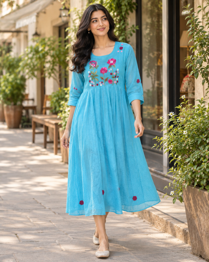 Azure Bloom Kota Doria Dress