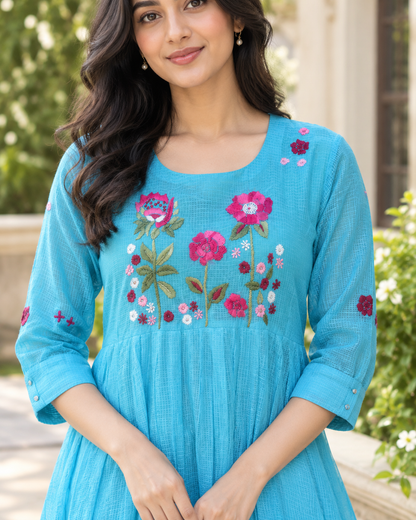 Azure Bloom Kota Doria Dress