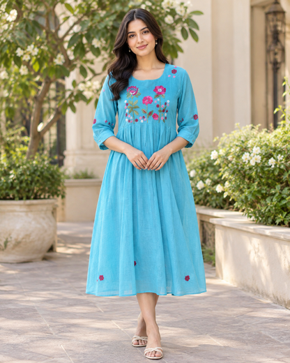 Azure Bloom Kota Doria Dress