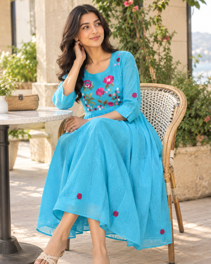 Azure Bloom Kota Doria Dress