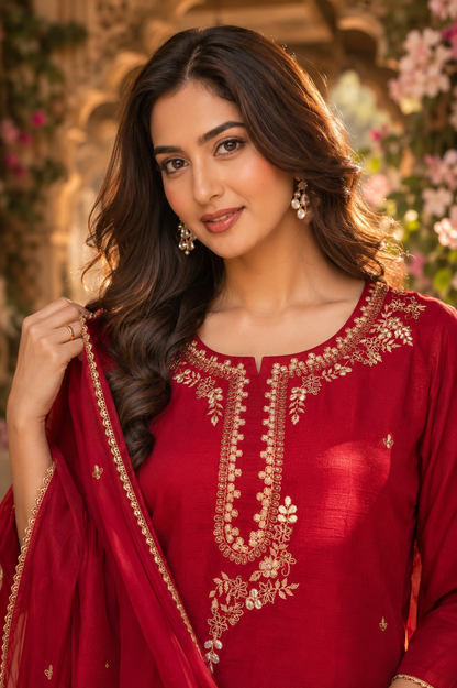 A woman wearing a deep red traditional embroidered kurta with a matching dupatta, featuring intricate gold floral embroidery around the neckline and front, set against a warm, blurred garden background.