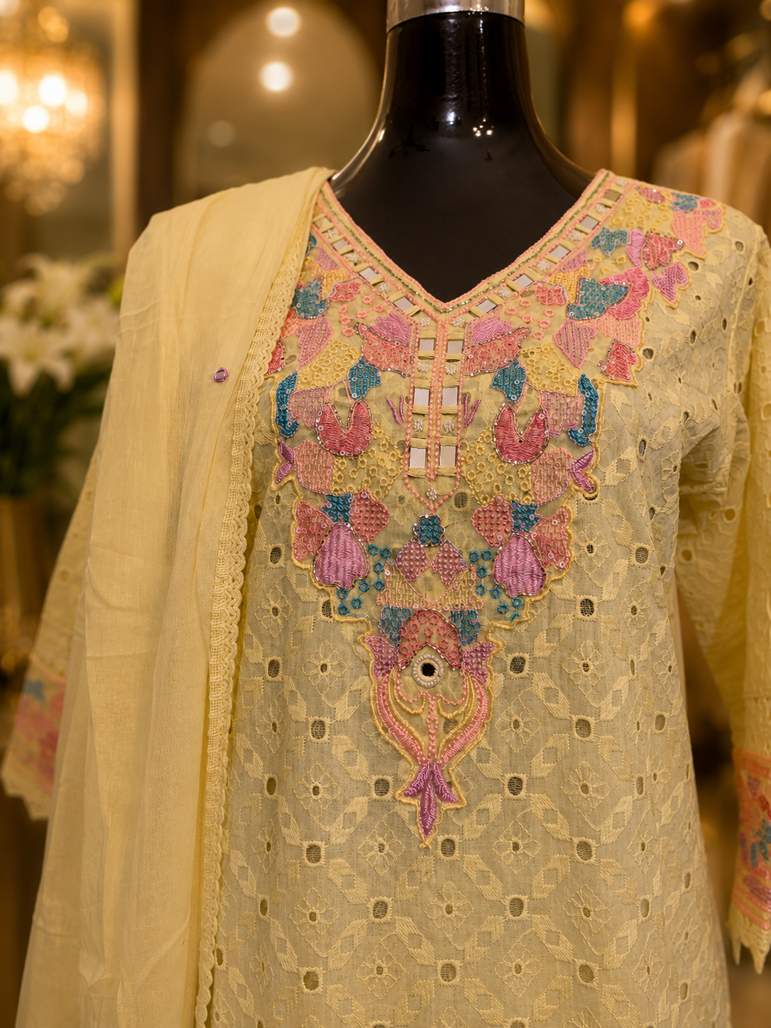 A pale yellow embroidered kurta displayed on a black mannequin, featuring a V-neckline with colorful floral embroidery in pink, blue, and green, and a matching sheer dupatta draped over one shoulder.
