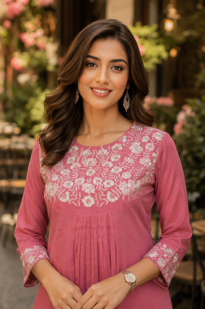 A woman wearing a dusty pink three-quarter sleeve kurta with white floral embroidery on the chest and cuffs, standing in a softly blurred outdoor setting with greenery and warm lights.
