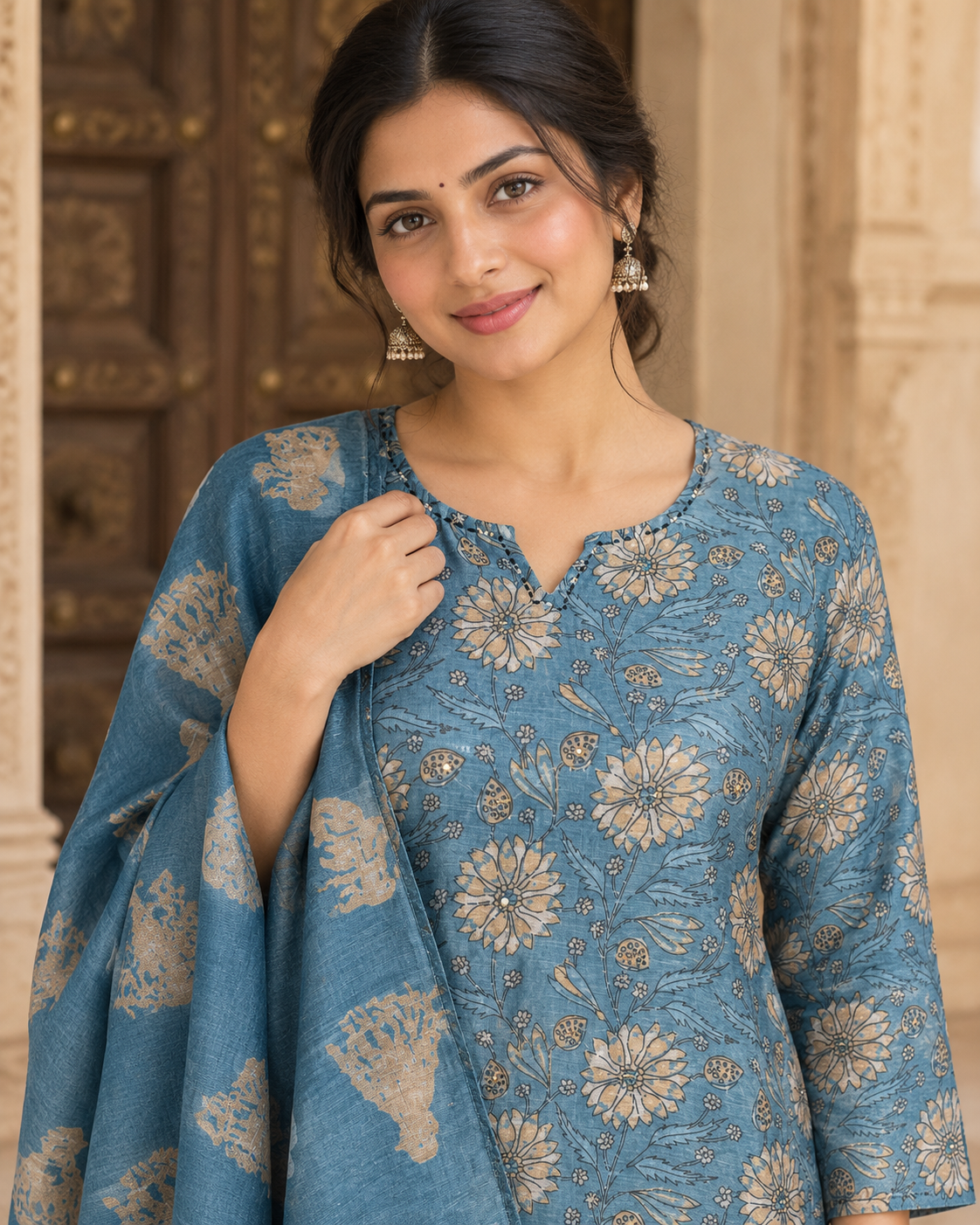 Neelika – Dusty Blue Chanderi Kurta Set