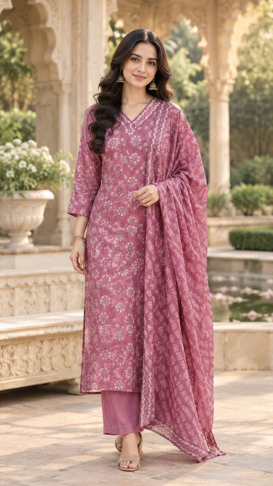 Dusty Rose Bloom – Chanderi Printed Kurta Set