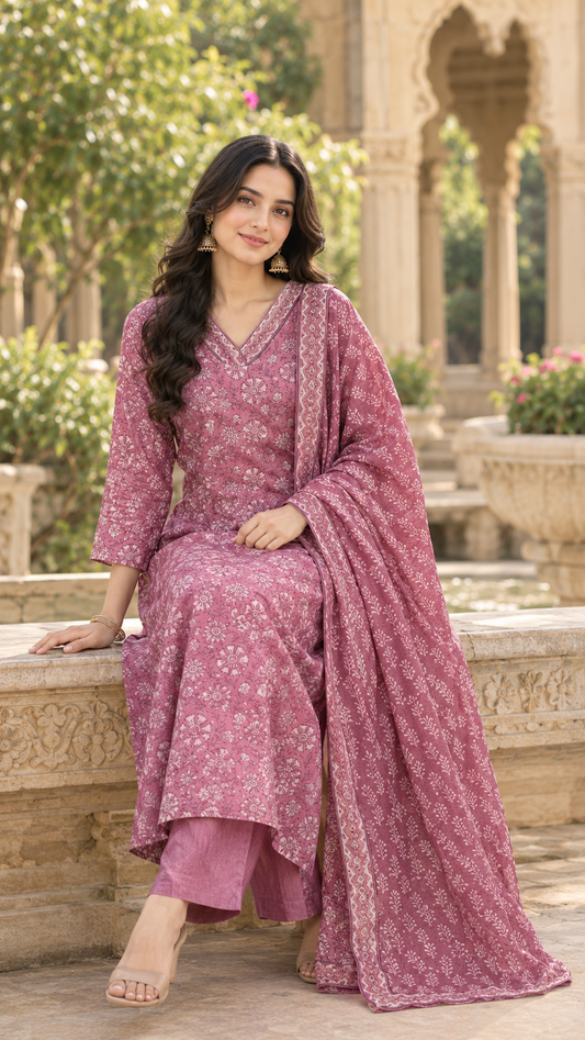 Dusty Rose Bloom – Chanderi Printed Kurta Set