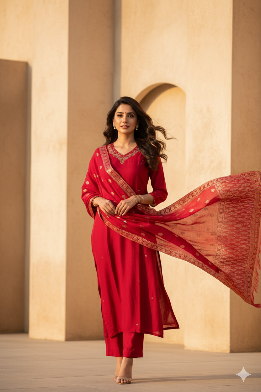 Woman in a red traditional outfit with a flowing fabric against a beige wall.