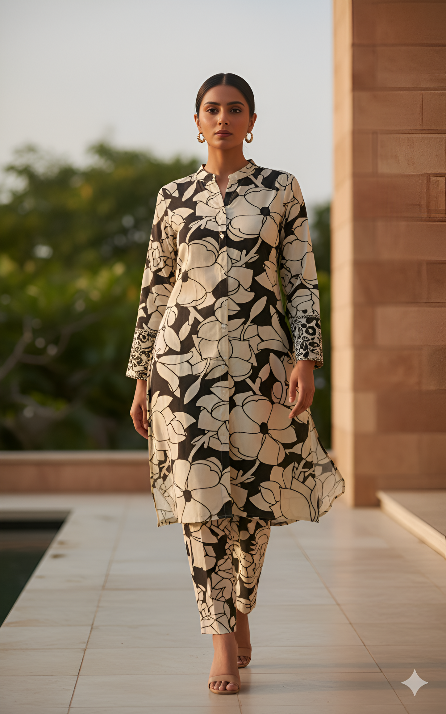 Woman wearing a black and white floral outfit standing outdoors.