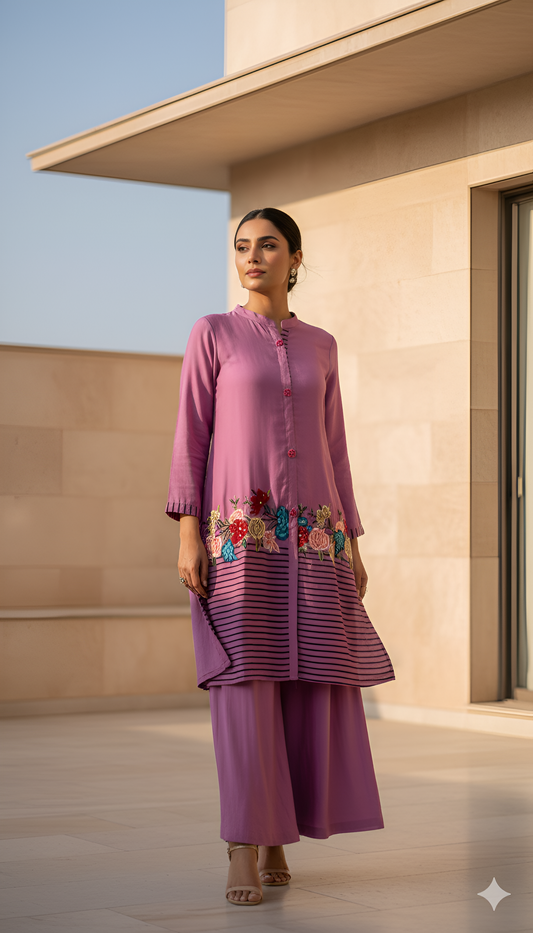 Woman wearing a pink traditional outfit with floral embroidery in an outdoor setting.