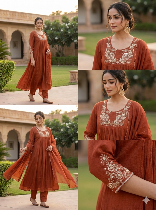 Woman wearing a rust-colored traditional outfit with intricate white embroidery in an outdoor setting.