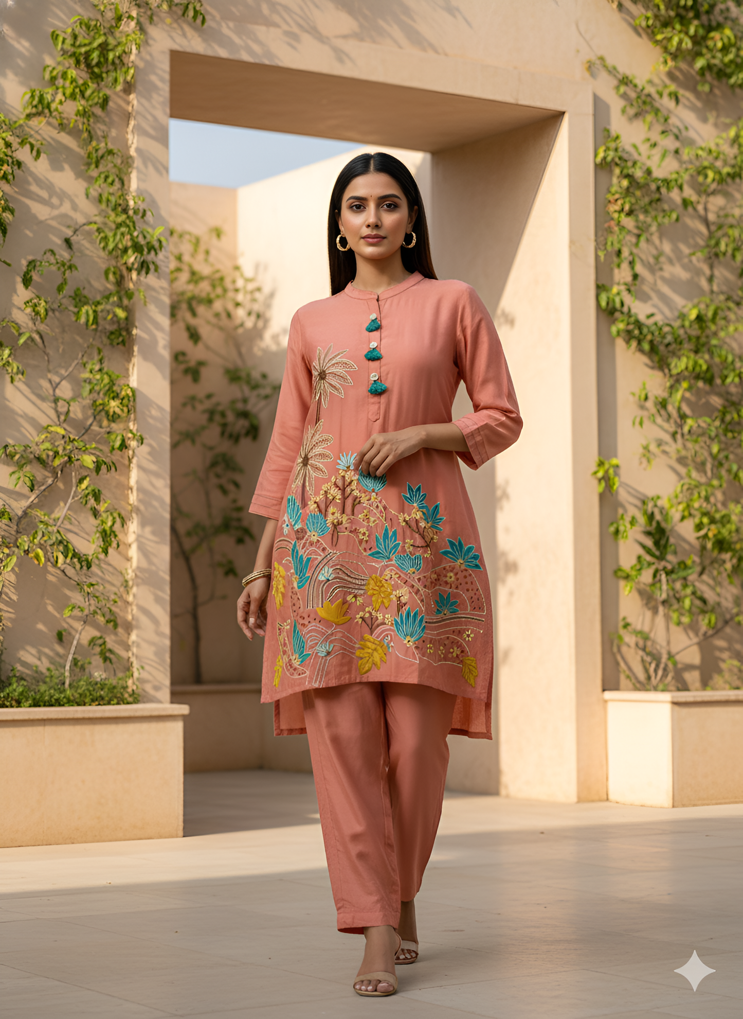 Woman wearing a peach-colored traditional outfit with floral embroidery in an outdoor setting.