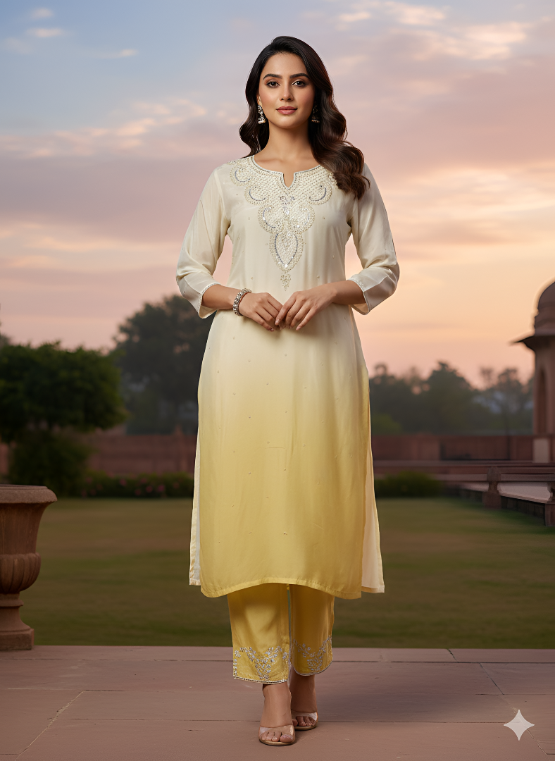 Woman wearing a traditional outfit with a ombre design standing outdoors.