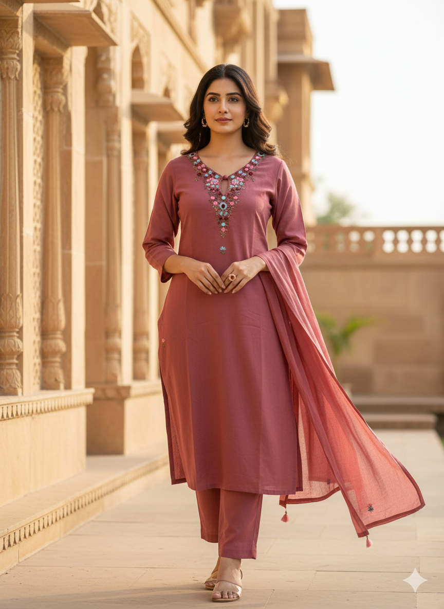 Woman in a traditional outfit standing in front of a architectural structure.
