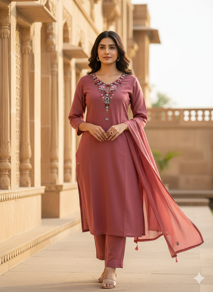 Woman in a traditional outfit standing in front of a architectural structure.