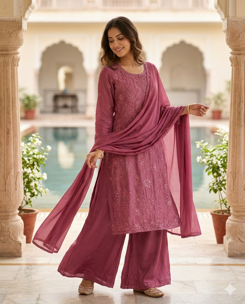 Woman in a pink traditional outfit standing in an elegant indoor setting with plants.