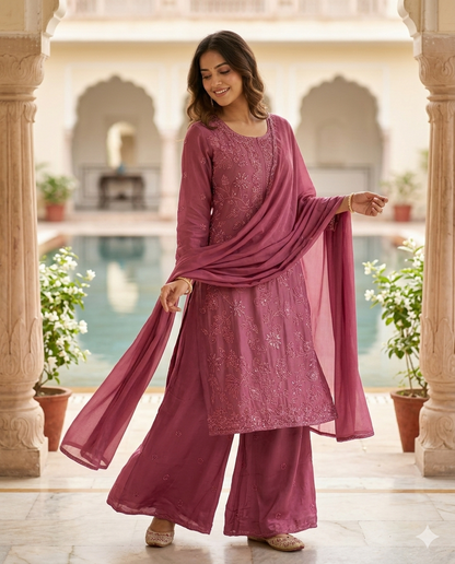 Woman in a pink traditional outfit standing in an elegant indoor setting with plants.