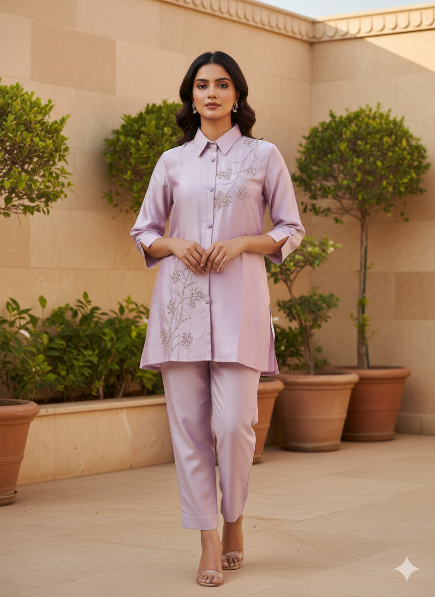 Woman in a light pink outfit standing in an outdoor setting with plants and beige walls.