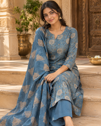 Neelika – Dusty Blue Chanderi Kurta Set