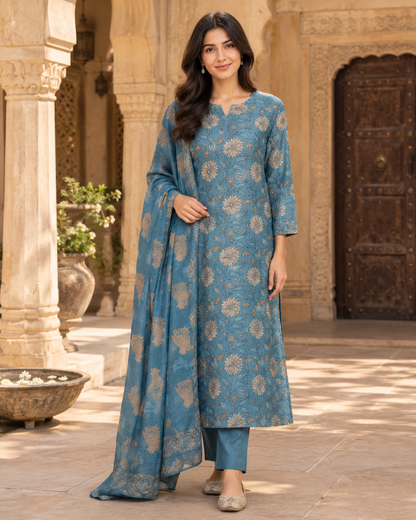 Neelika – Dusty Blue Chanderi Kurta Set