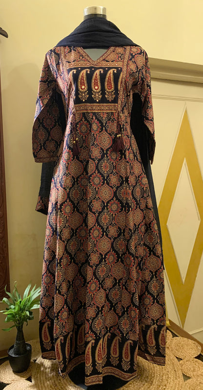 Midnight Ajrakh Anarkali Set