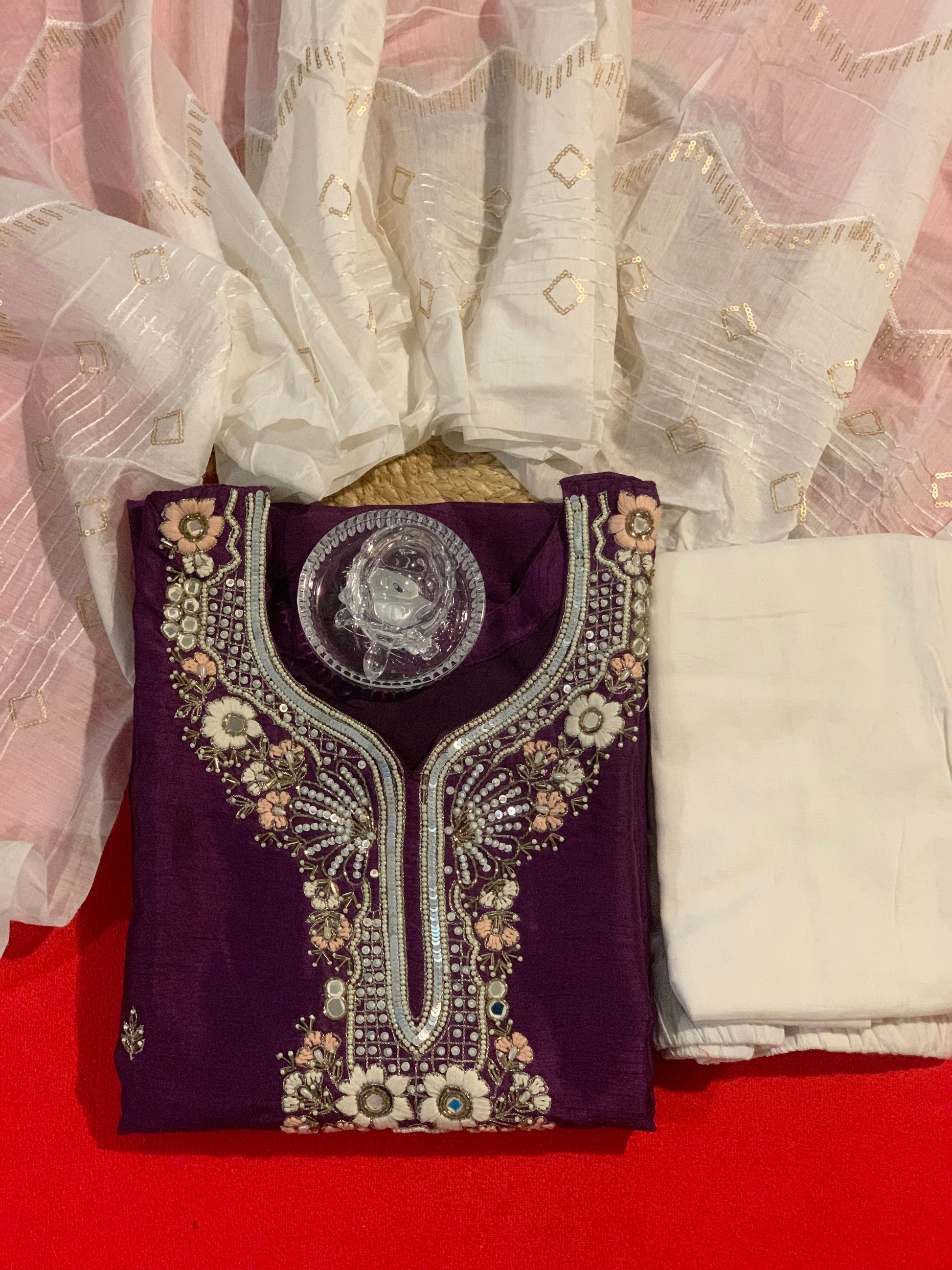 Purple handwork kurta with white dupatta & white pant