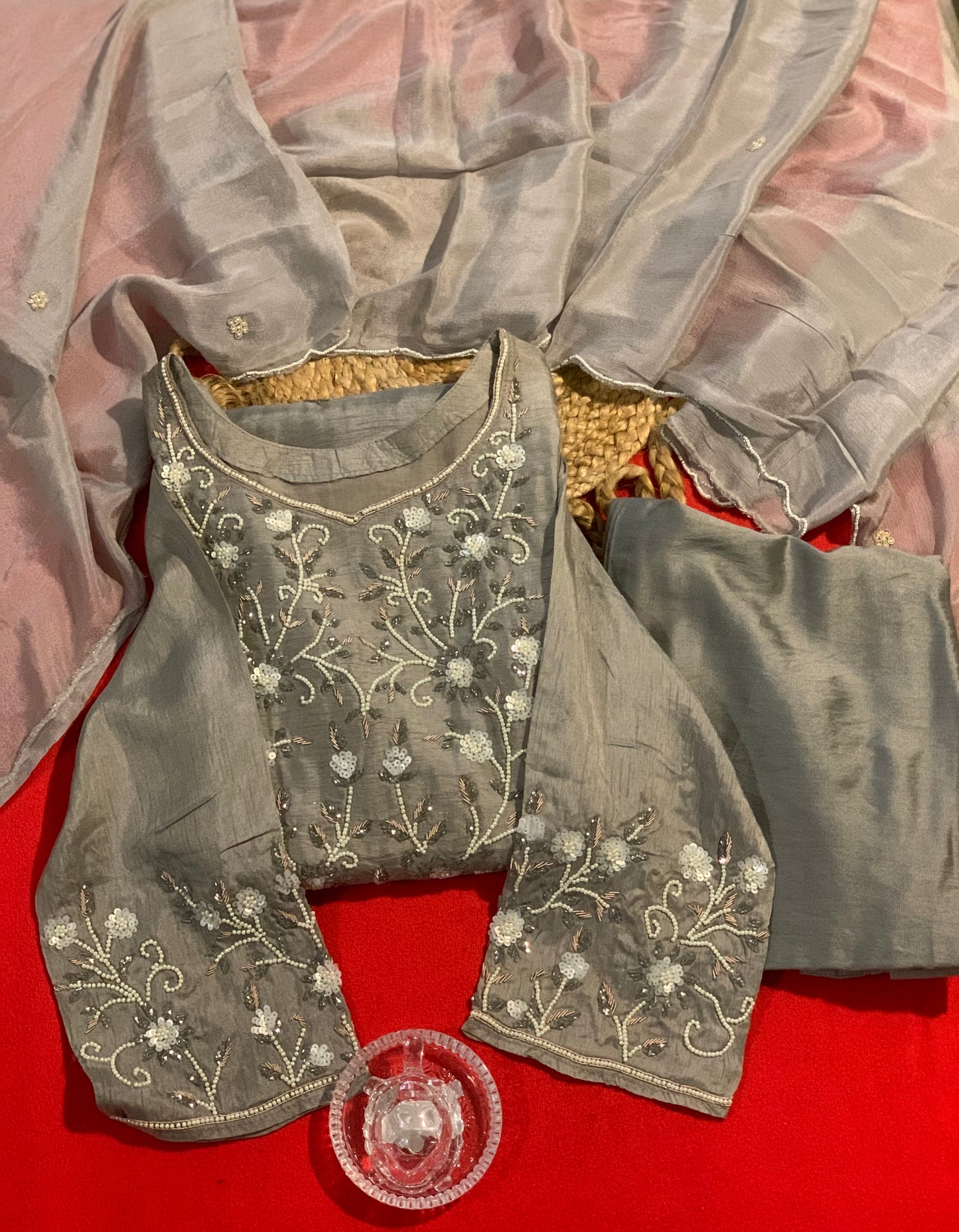 Gray Dola Silk with heavy work on sleeve and yoke
