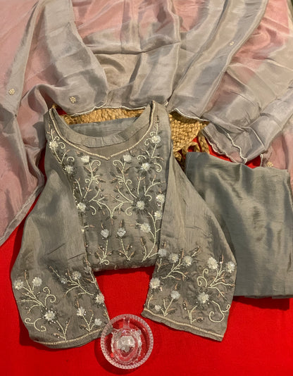 Gray Dola Silk with heavy work on sleeve and yoke
