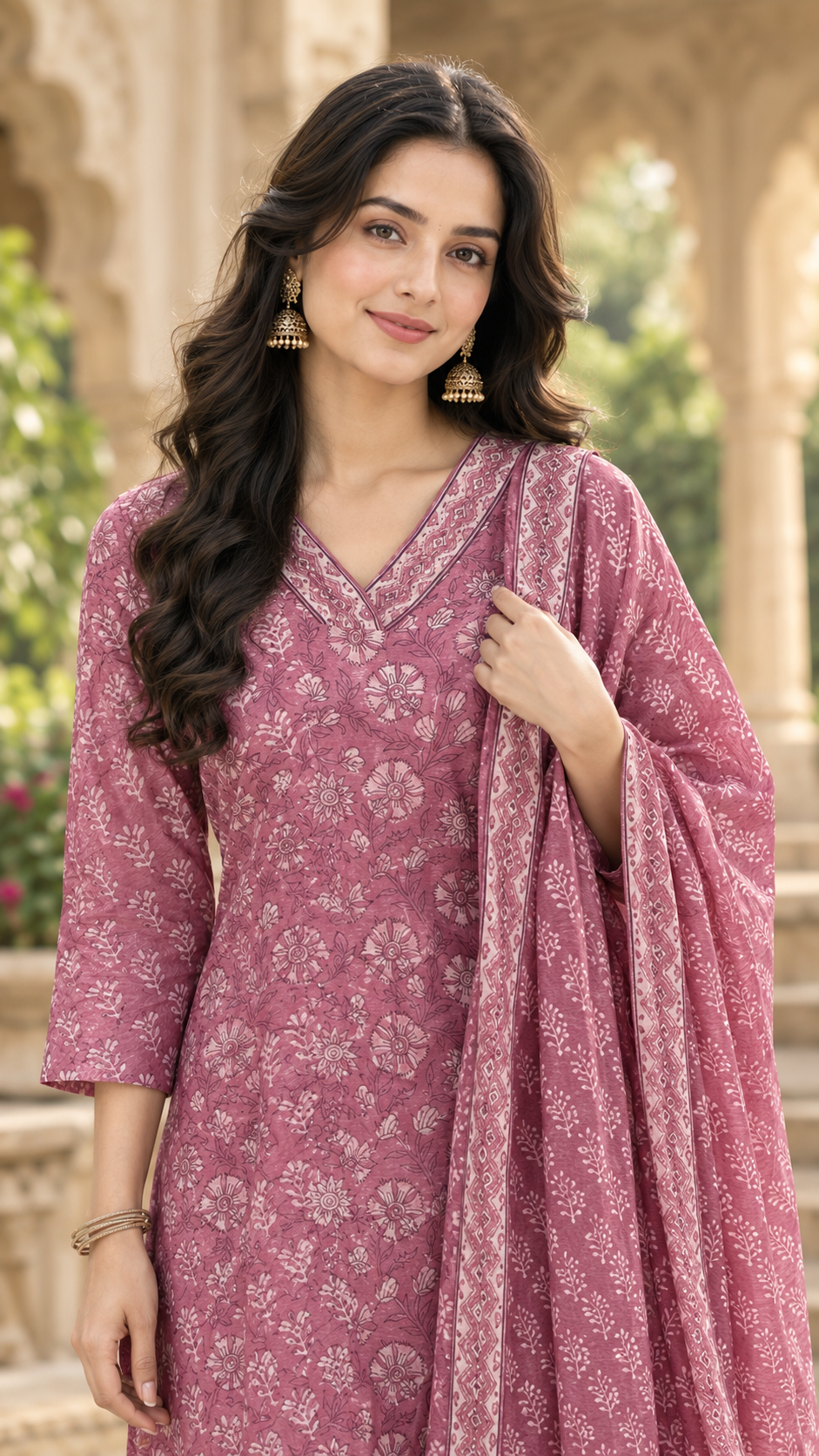 Dusty Rose Bloom – Chanderi Printed Kurta Set