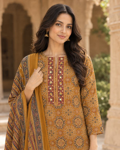 Mitti Mustard Ajrakh Kurta Set