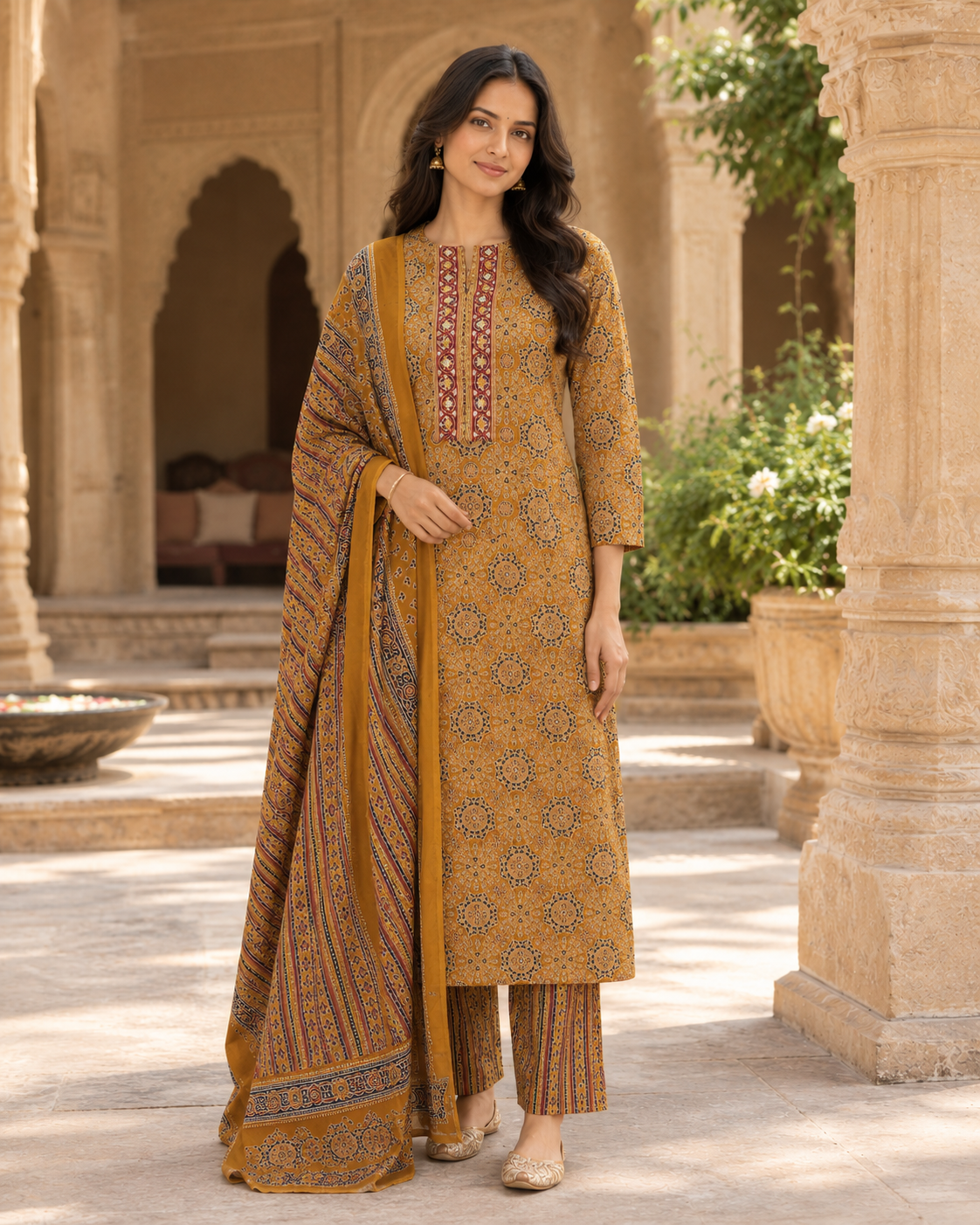 Mitti Mustard Ajrakh Kurta Set