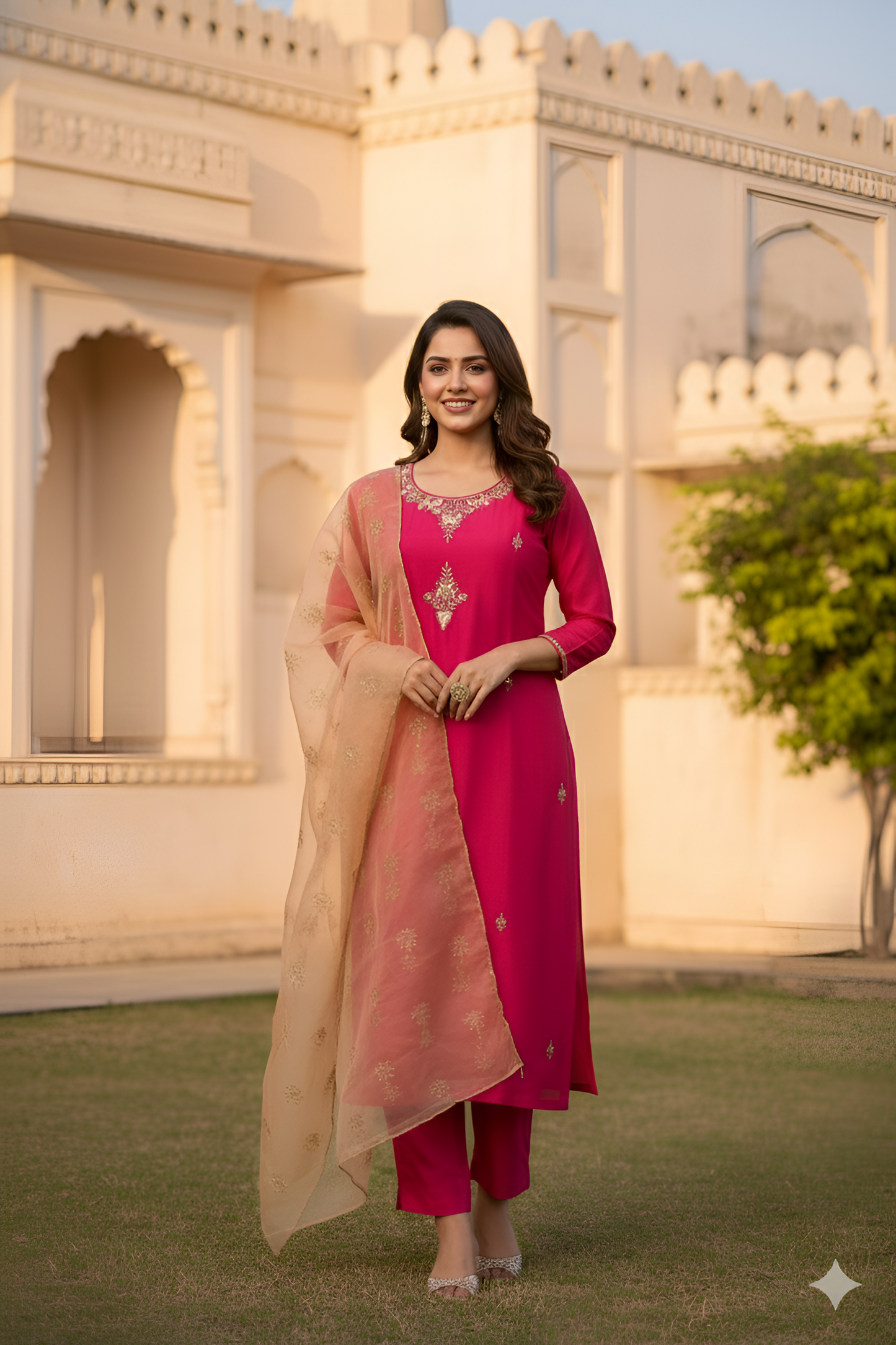 hot pink Dolasilk kurta set with sequence and handwork