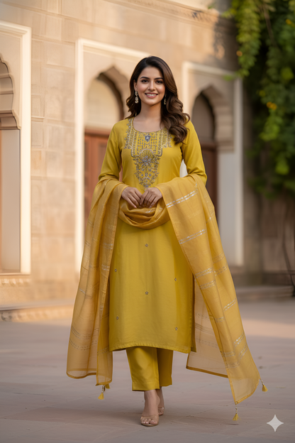 Tejasvi Mustard Zardoshi Kurta Set